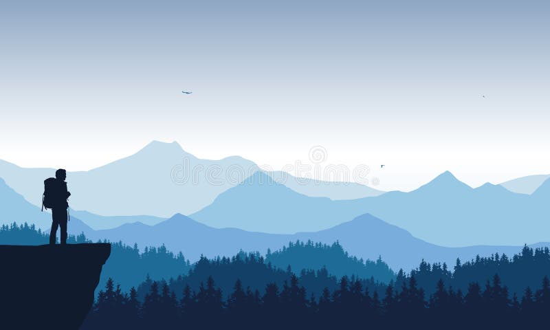 Ilustração realística da paisagem da montanha com a floresta conífera sob o céu azul com pássaros de voo Posição só do caminhante ilustração do vetor