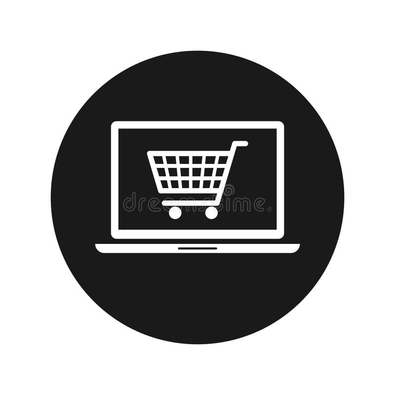 Ilustração redonda preta lisa do vetor do botão do ícone em linha do portátil do carrinho de compras ilustração stock Ilustração redonda preta lisa do vetor do botão do ícone em linha do portátil do carrinho de compras ilustração stock