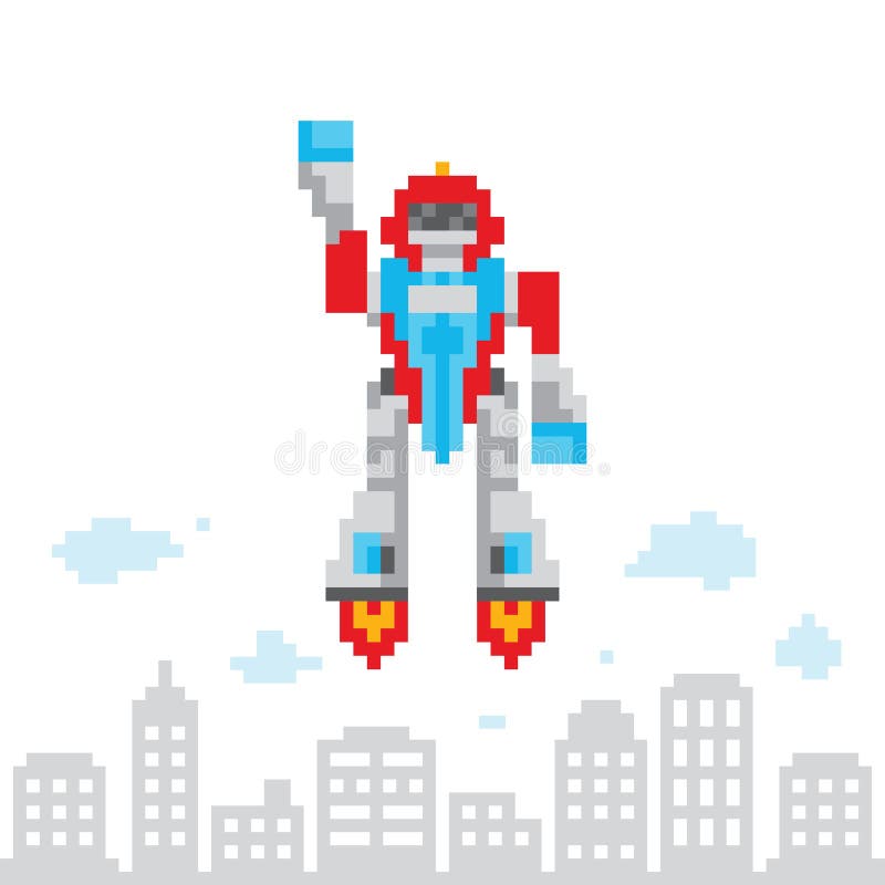 Ilustração retro do vetor do robô do voo dos desenhos animados do estilo do jogo da arte do pixel ilustração do vetor Ilustração retro do vetor do robô do voo dos desenhos animados do estilo do jogo da arte do pixel ilustração do vetor