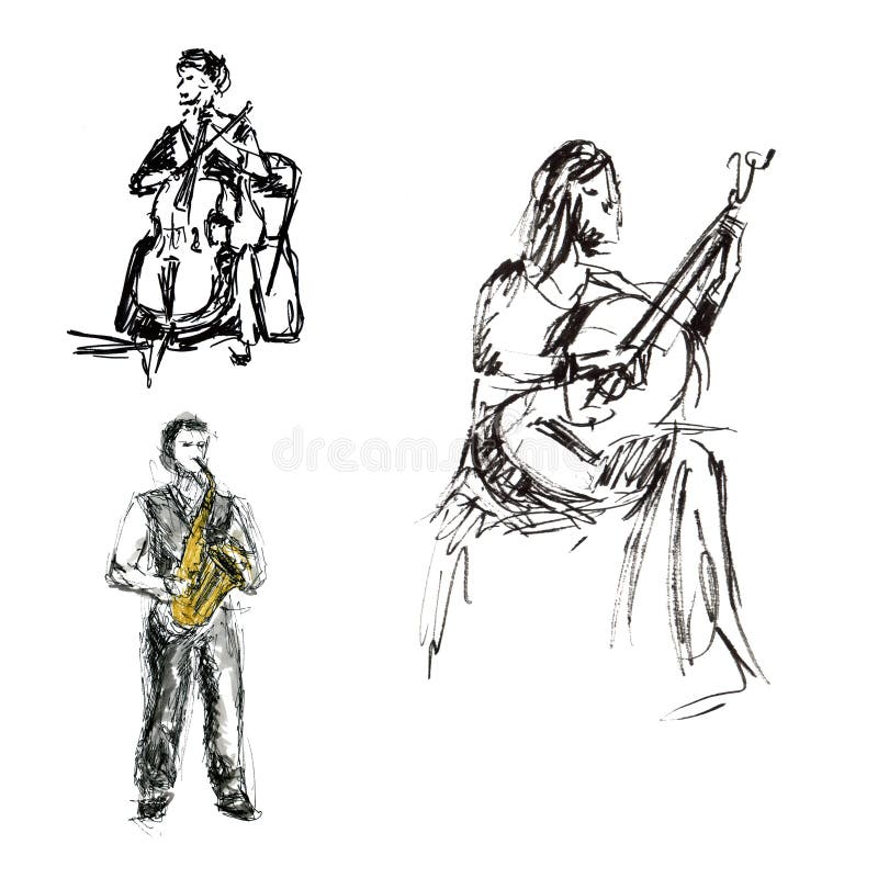 Ilustração rápida de músicos set - violoncelista guitarrista saxofonista tocando instrumentos musicais ilustração royalty free Ilustração rápida de músicos set - violoncelista guitarrista saxofonista tocando instrumentos musicais ilustração royalty free