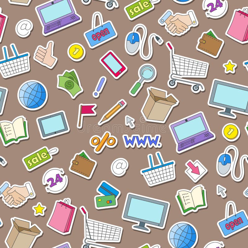 A ilustração sem emenda no tema da compra e do Internet em linha compra, ícones coloridos das etiquetas no fundo marrom ilustração do vetor A ilustração sem emenda no tema da compra e do Internet em linha compra, ícones coloridos das etiquetas no fundo marrom ilustração do vetor
