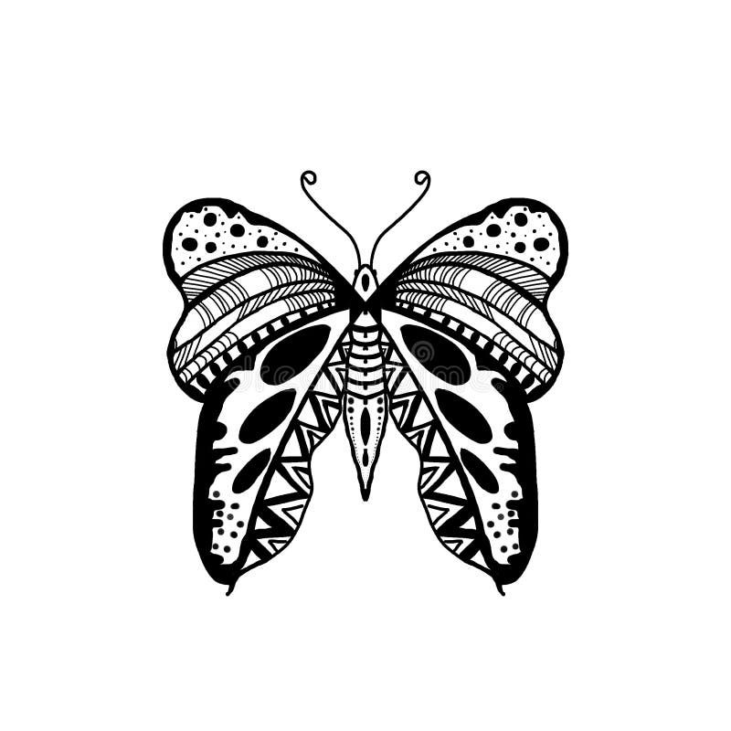 Ilustração tirada da borboleta do estilo de Zentangle da mão preta Asa da borboleta ilustração royalty free Ilustração tirada da borboleta do estilo de Zentangle da mão preta Asa da borboleta ilustração royalty free