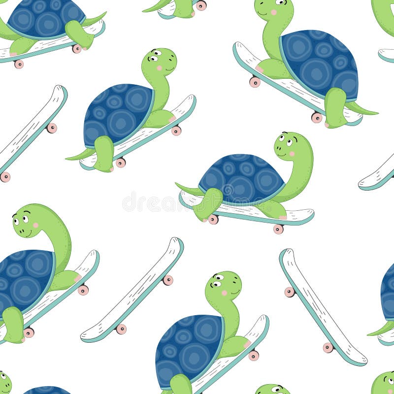 Ilustração tirada mão de uma tartaruga bonito em um skate Vector o teste padr?o sem emenda ilustração royalty free Ilustração tirada mão de uma tartaruga bonito em um skate Vector o teste padr?o sem emenda ilustração royalty free