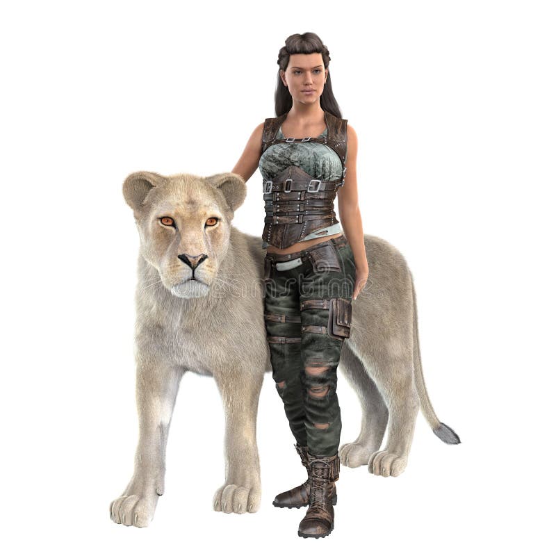 Rendering of a beautiful urban fantasy style woman with a lioness standing by her side. Idea character for book cover art and design work. Rendering of a beautiful urban fantasy style woman with a lioness standing by her side. Idea character for book cover art and design work