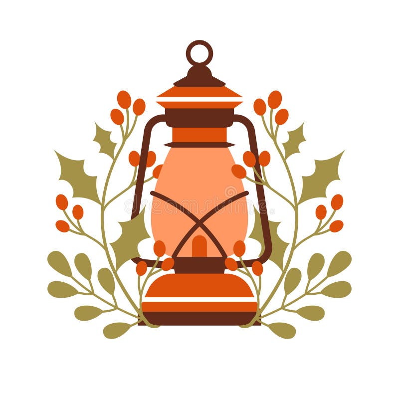 Ilustração vetorial com lâmpada de querosene com bagas ocas ilustração royalty free