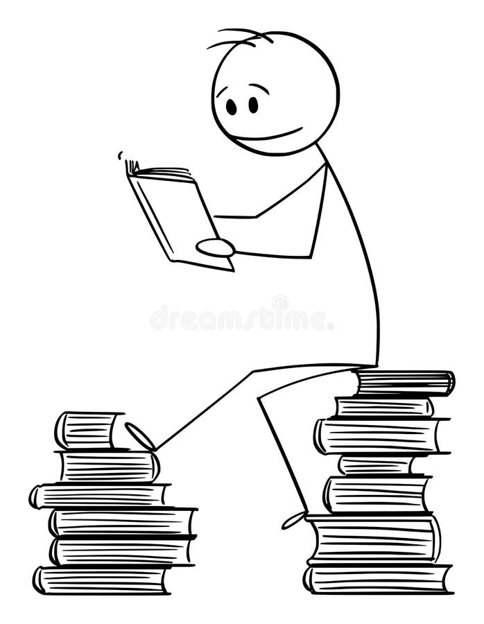 Ilustração vetorial do homem sentado na pilha de livros e lendo um livro