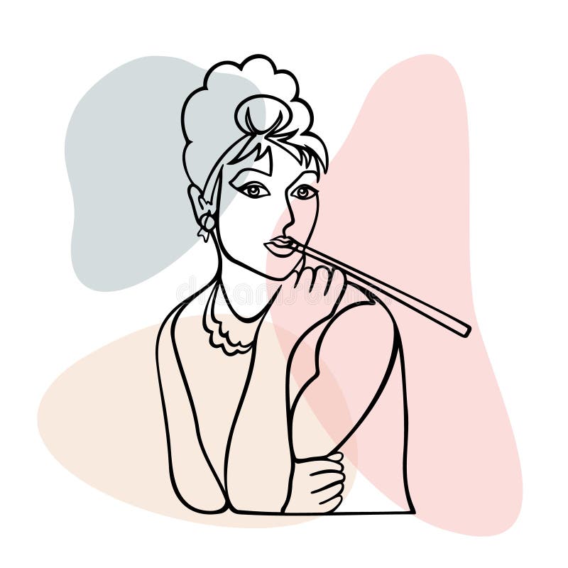 Vector illustration, one line portrait of Audrey Hepburn, a portrait of the modern woman smoking mouthpiece, isolated with colorful abstract stains on white. Vector illustration, one line portrait of Audrey Hepburn, a portrait of the modern woman smoking mouthpiece, isolated with colorful abstract stains on white