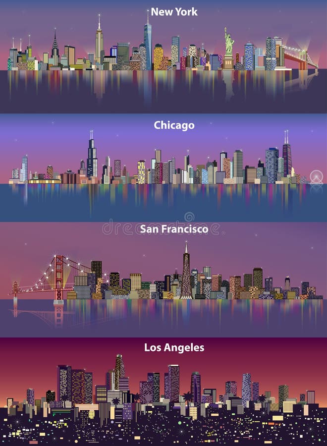 Vector illustrations of United States urban city skylines at night. Vector illustrations of United States urban city skylines at night