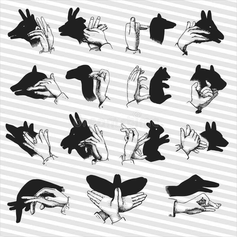 Ilustrações animais dos fantoches da sombra da mão ilustração royalty free Ilustrações animais dos fantoches da sombra da mão ilustração royalty free