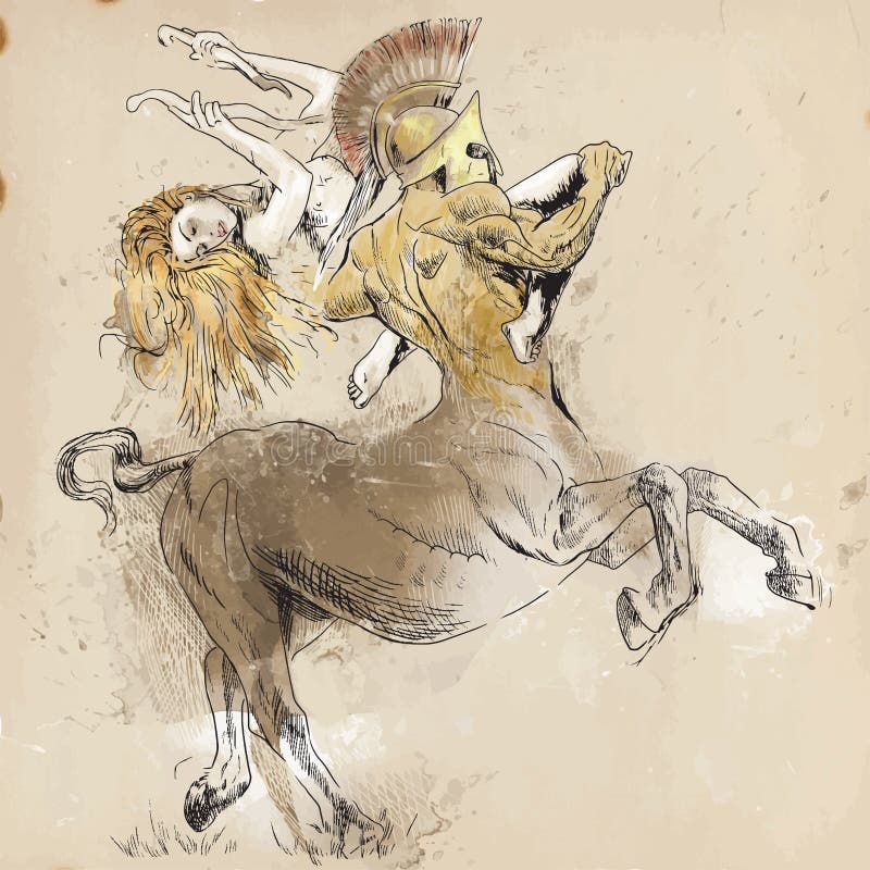 An hand-drawn illustrations (converted into vector - 6 layers) in ancient Greek myths and legends: Centaur and Nymph (In Greek mythology, a centaur is a member of a composite race of creatures.). An hand-drawn illustrations (converted into vector - 6 layers) in ancient Greek myths and legends: Centaur and Nymph (In Greek mythology, a centaur is a member of a composite race of creatures.)