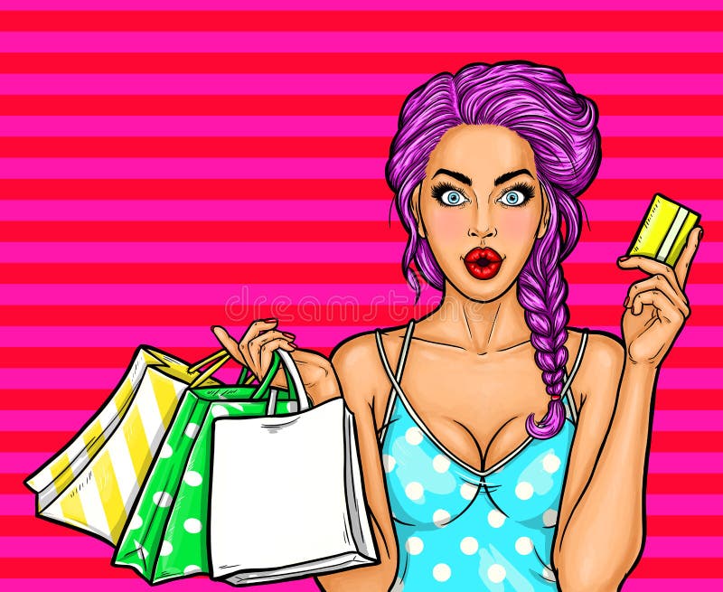 Ilustrația grafică pop vectorială a unei tinere care deține saci de cumpărături și cărți de credit. stock illustration
