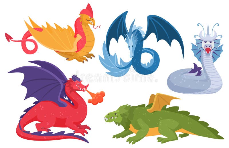 Ilustrația vectorului dragon a setat desene animate cu basm colorat asiatic, colecție mitică de baloane din elemente de metal pent royalty free illustration