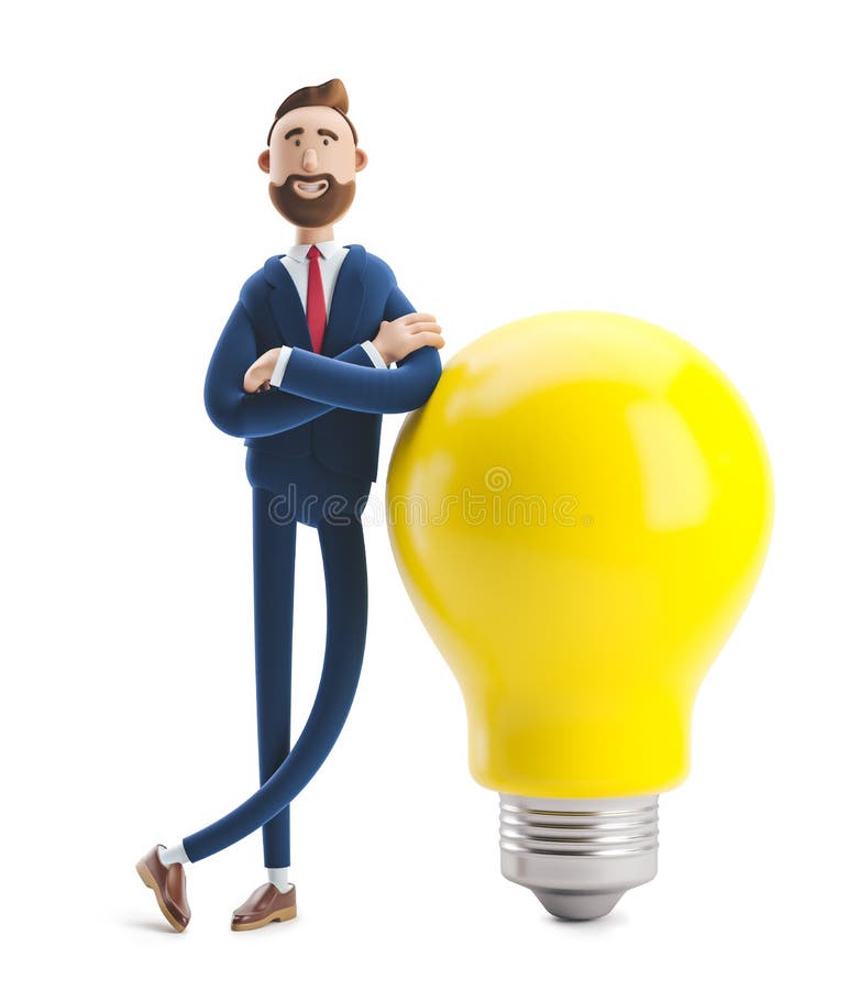 Ilustrație 3d. om de afaceri Billy cu bulbi galbeni. concept inovator și inspirat. stock illustration