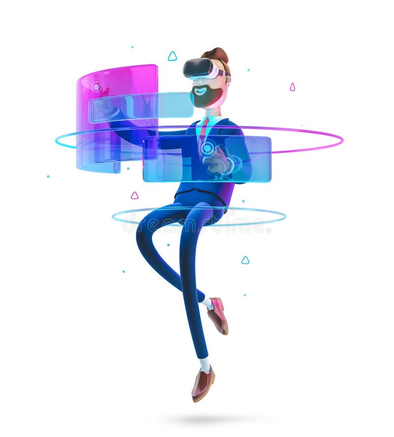 Ilustrație 3d. om de afaceri Billy folosind ochelari de realitate virtuală și atingând interfața vr. vector illustration