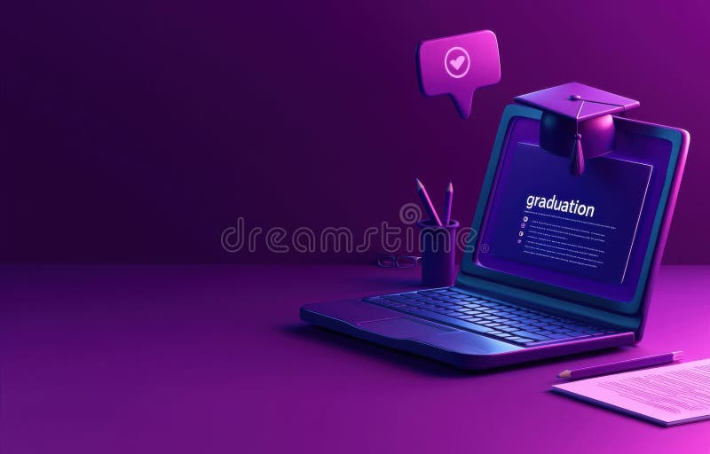 Ilustrație 3D a unui laptop cu un capac de absolvire și documente stock illustration