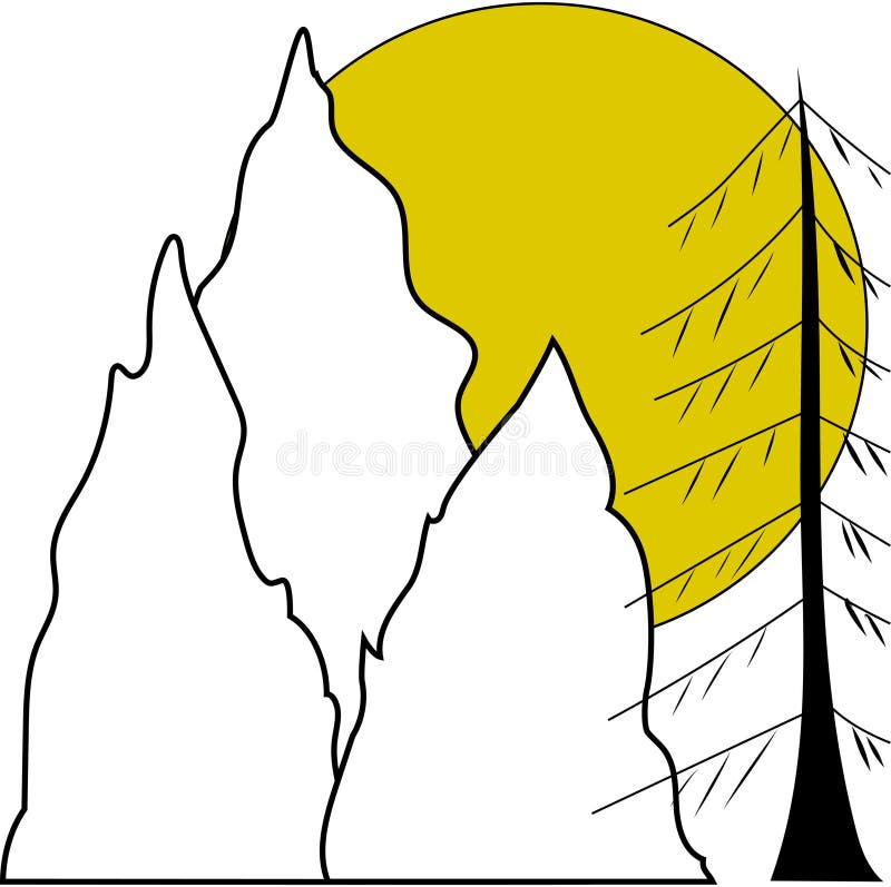 Ilustrație de apus de munte. Fundal soare galben. Siluetă de pin. Vectorial scena naturii. stock illustration