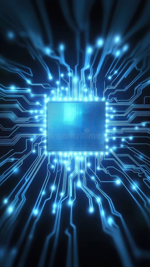 Ilustrație digitală de închidere a unui microcip futurist strălucitor cu linii de circuit interconectate pe un fundal întunecat stock images
