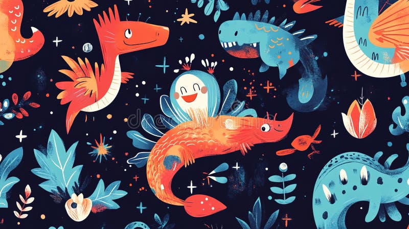 Ilustrație fantezie colorată și capricioasă cu creaturi mitice și jucăușe de dinozauri drăguți într-un vibrant vector illustration