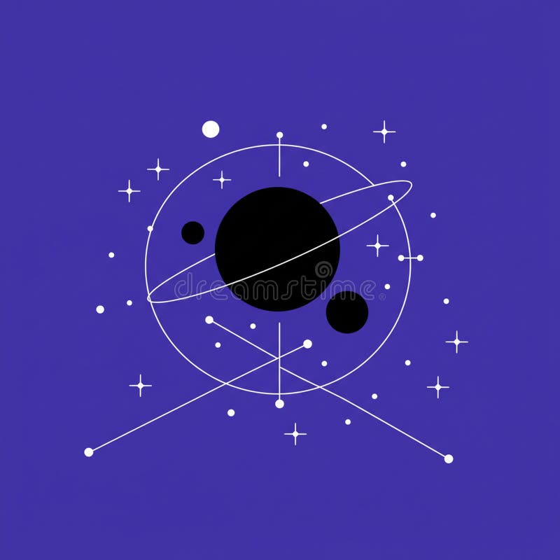 Ilustrație geometrică reprezentând elemente spațiale abstracte pe un fundal albastru. Cercul negru central reprezintă o planetă înconjurată de cercuri mai mici și un inel eliptic simbolizând o orbită. Elementele liniare albe și crucile asemănătoare stelelor sugerează o constelație sau o temă cerească. Puncte de dimensiuni diferite împrăștiate în design, care îmbunătățesc motivul cosmic. Stilul minimalist simplu accentuează contrastul dintre elementele îndrăznețe de culoare neagră și alb strălucitor.