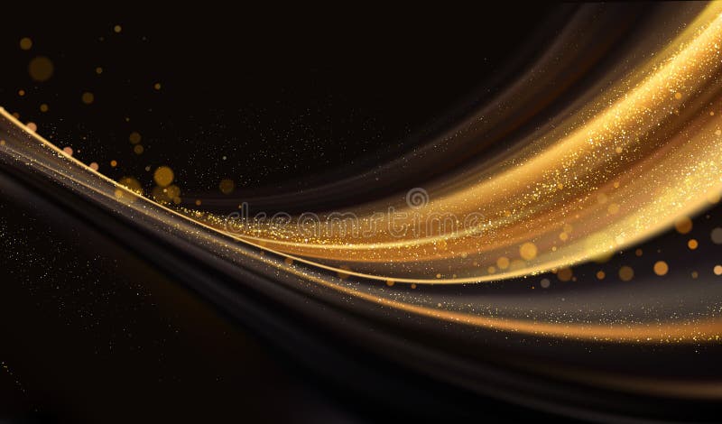 Ilustrație vectorială a unui fundal strălucitor, abstract, ondulat, de aur, cu particule strălucitoare pe un gradient întunecat po stock illustration