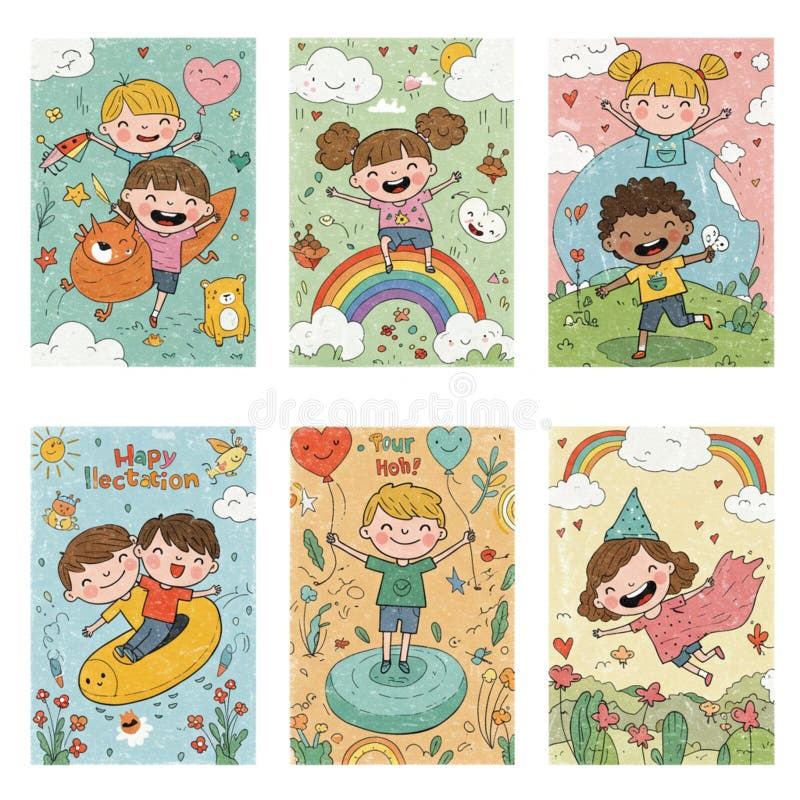 Ilustrații colorate ale copiilor veseli în condiții fantastice. royalty free illustration