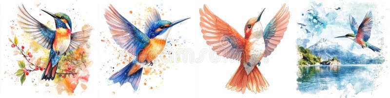 Ilustrații colorate ale păsărilor umede vibrante în diferite poziții și setări. Stil acuarelă vector illustration
