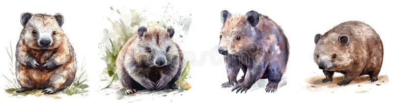 Ilustrații colorate ale wombats adorabile în diferite poziții și setări. Ilustrare acustică stock illustration