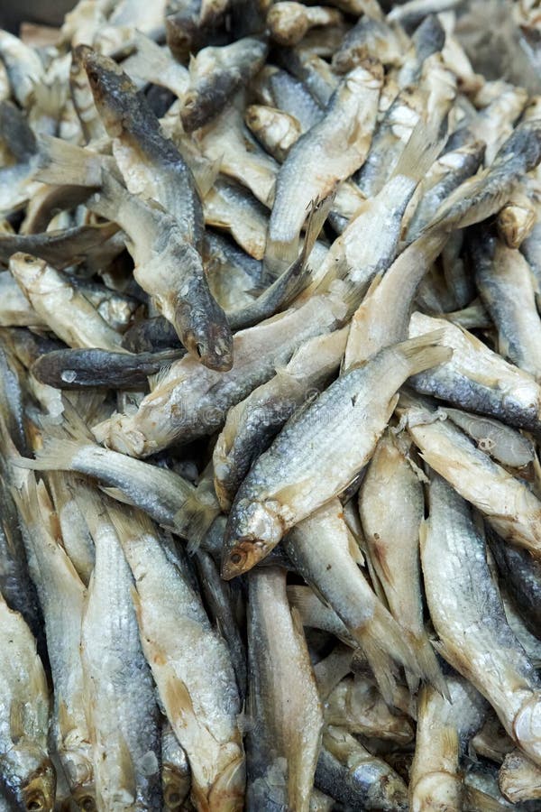 Im asiatischen Laden wird eine große Auswahl an getrockneten Fischen gezeigt stockbilder