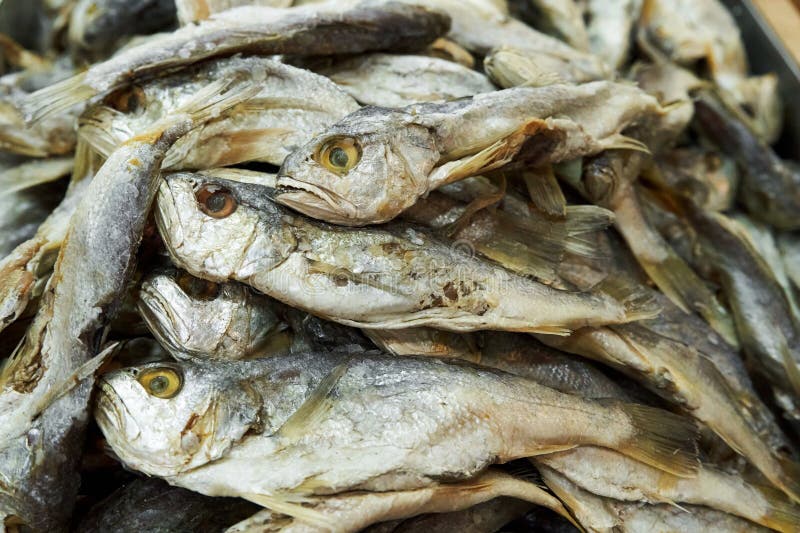 Im asiatischen Laden wird eine große Auswahl an getrockneten Fischen gezeigt stockfotografie