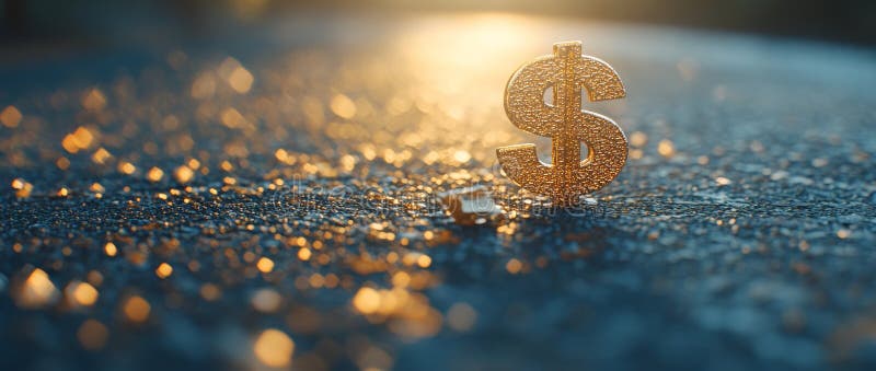 Im Boden befindet sich ein goldenes Dollarsymbol, das vor einem verschwommenen Hintergrund steht und von Sonnenlicht erhellt wird stockfotos