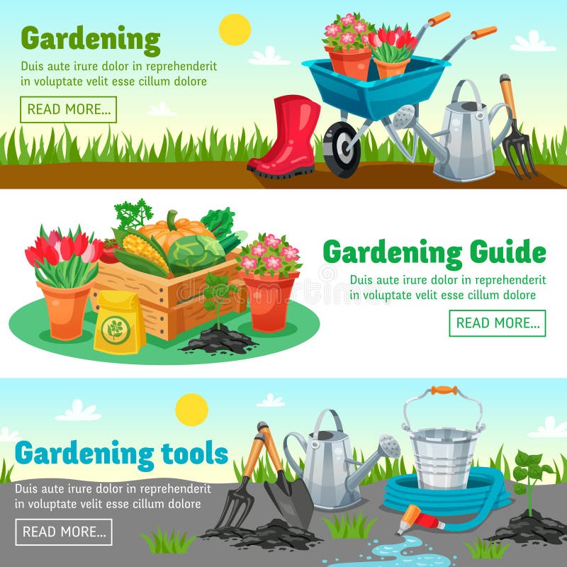 Im Garten Arbeitende Horizontale Fahnen Vektor Abbildung