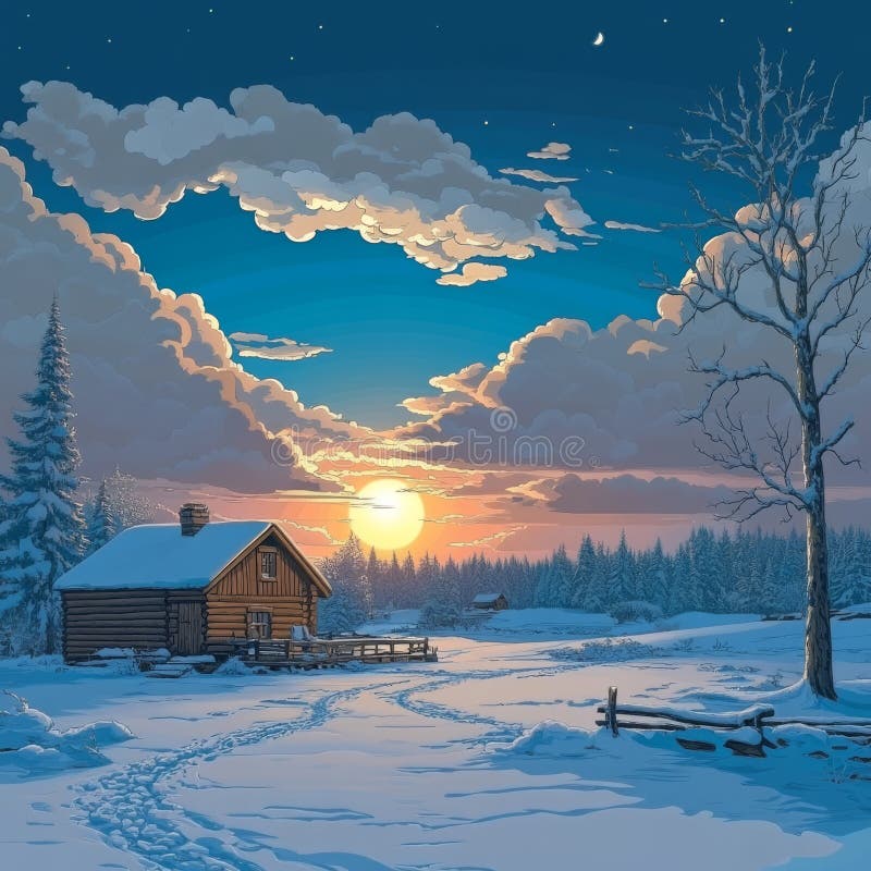 Im Herzen des schneebedeckten Waldes steht eine gemütliche Kabine unter dem sanften Hauch fallender Schneeflocken. lizenzfreies stockbild
