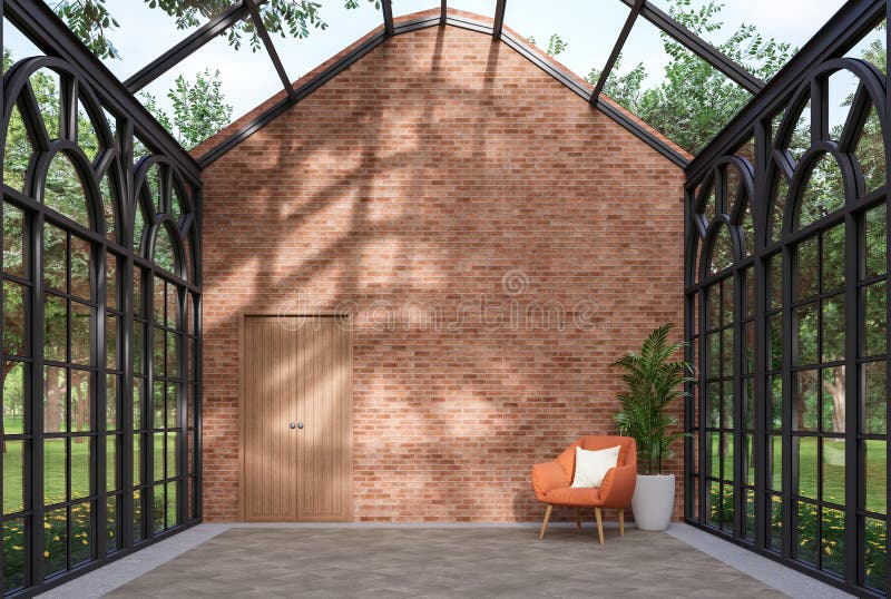 Im Loft-Stil durchsichtiges Wohnzimmer mit leerer Ziegelwand für Kopierraum 3D rendern vektor abbildung