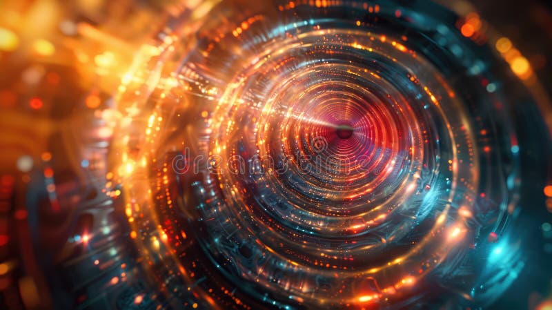 The image is an abstract, colorful, glowing, futuristic, spiral, vortex, tunnel, with a bright center and a dark outer royalty free stock photo