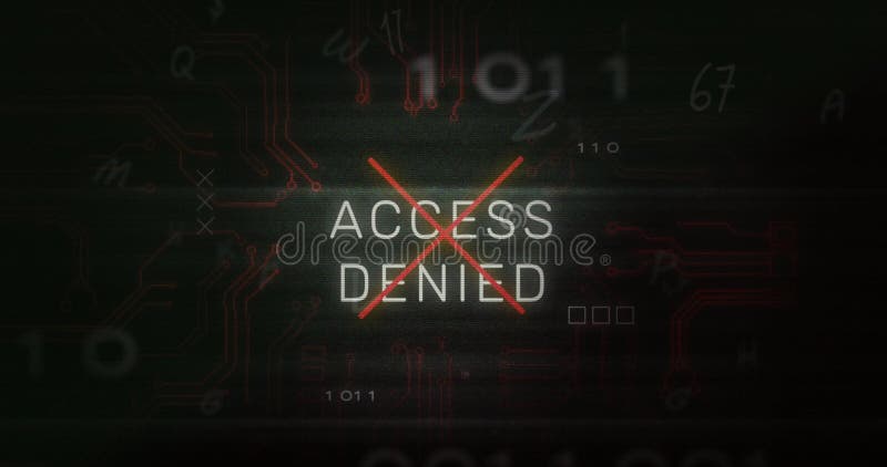 Image of access denied text and data processing over computer motherboard vector illustration