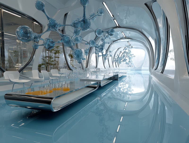 Image of advanced technology or futuristic environment concept, featuring sleek design with curved surfaces, floating royalty free stock images