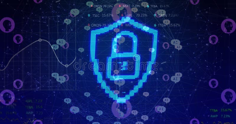 Image of ai data processing over connections with ai icons and padlock royalty free illustration