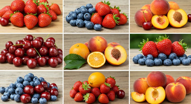 Variety of fruits oranges strawberries blue berries peaches oranges stock illustration