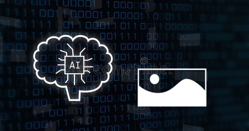 Image of ai text, icons and binary coding stock illustration