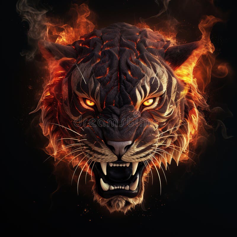 Tiger roar red fire and smoke background. Generative AI Stock Illustration