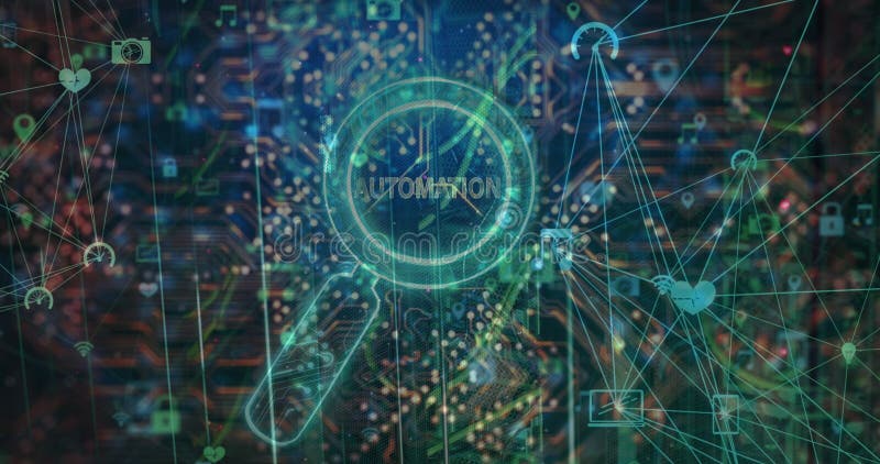 Image of automation text over reading glass and data processing. Global business and digital interface concept digitally generated image. Reading efficiency stock images, royalty-free photos and pictures