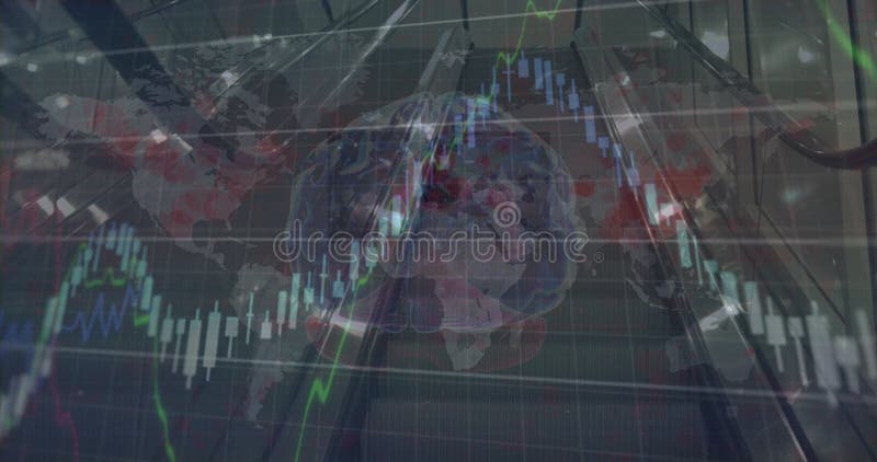 Image av bearbetning av finansiella data över digital hjärna och eskalator arkivbilder