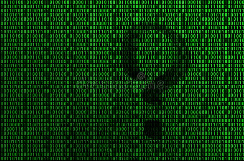 An image of a binary code from bright green digits, through which the form of a question mark is visible royalty free stock image