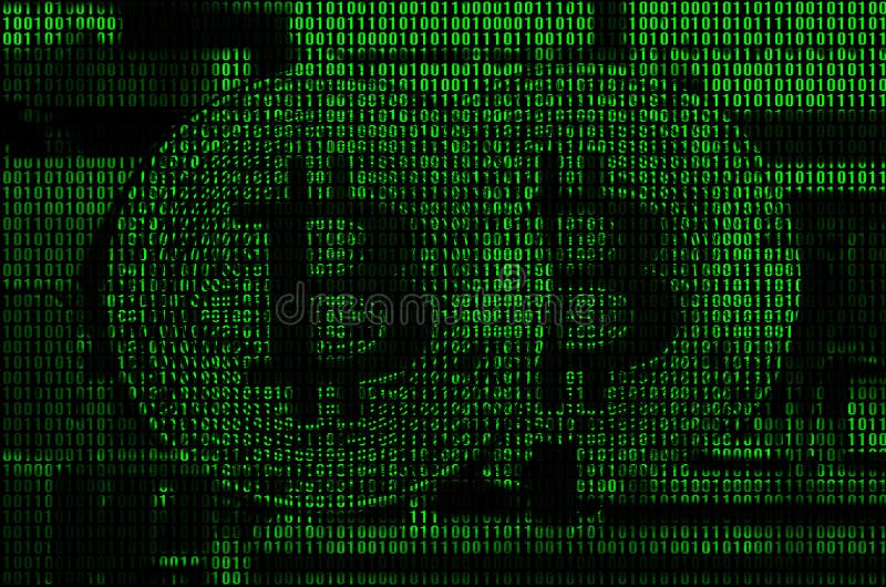 Image of the binary code from bright green digits, through which the image of the physical bitcoin royalty free stock photo