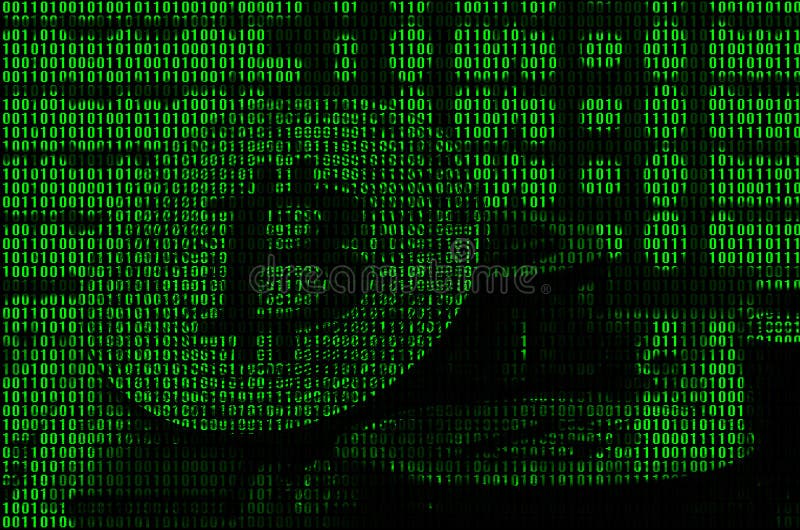Image of the binary code from bright green digits, through which the image of the physical bitcoin royalty free stock image