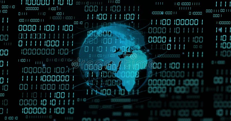 Image of binary coding data processing over globe. Global artificial intelligence, connections, computing and data processing concept digitally generated image