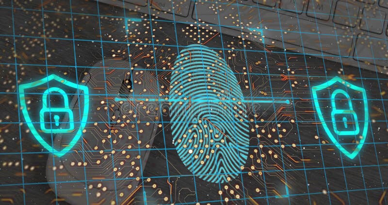 Image of binary coding data processing over grid on blue background stock images