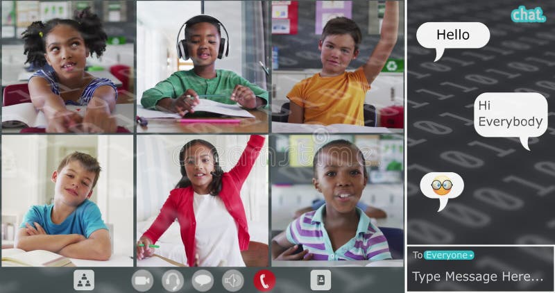 Image of binary coding over diverse group of schoolchildren having school image call stock images