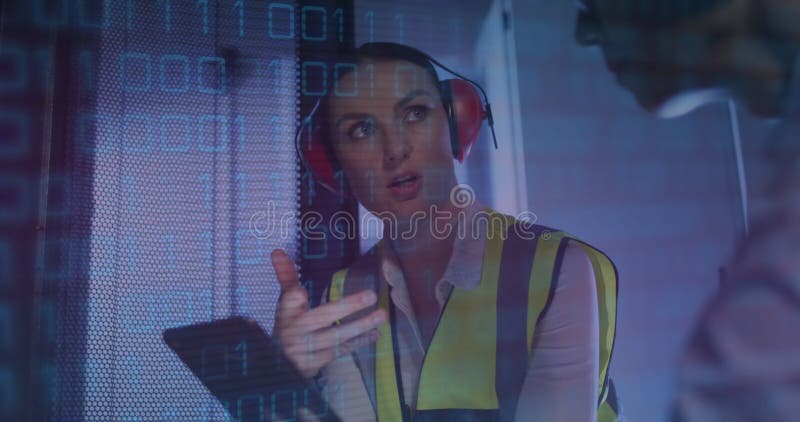 Image of binary coding over diverse people in server room royalty free stock image