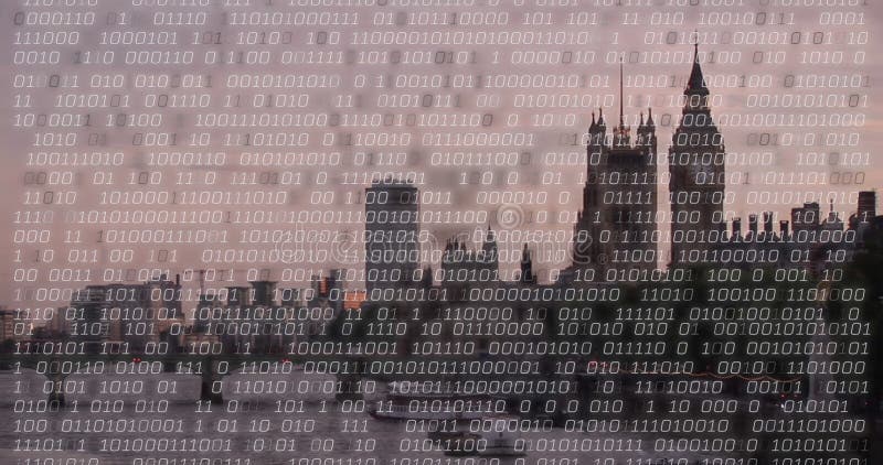Image of binary coding over london cityscape royalty free stock images